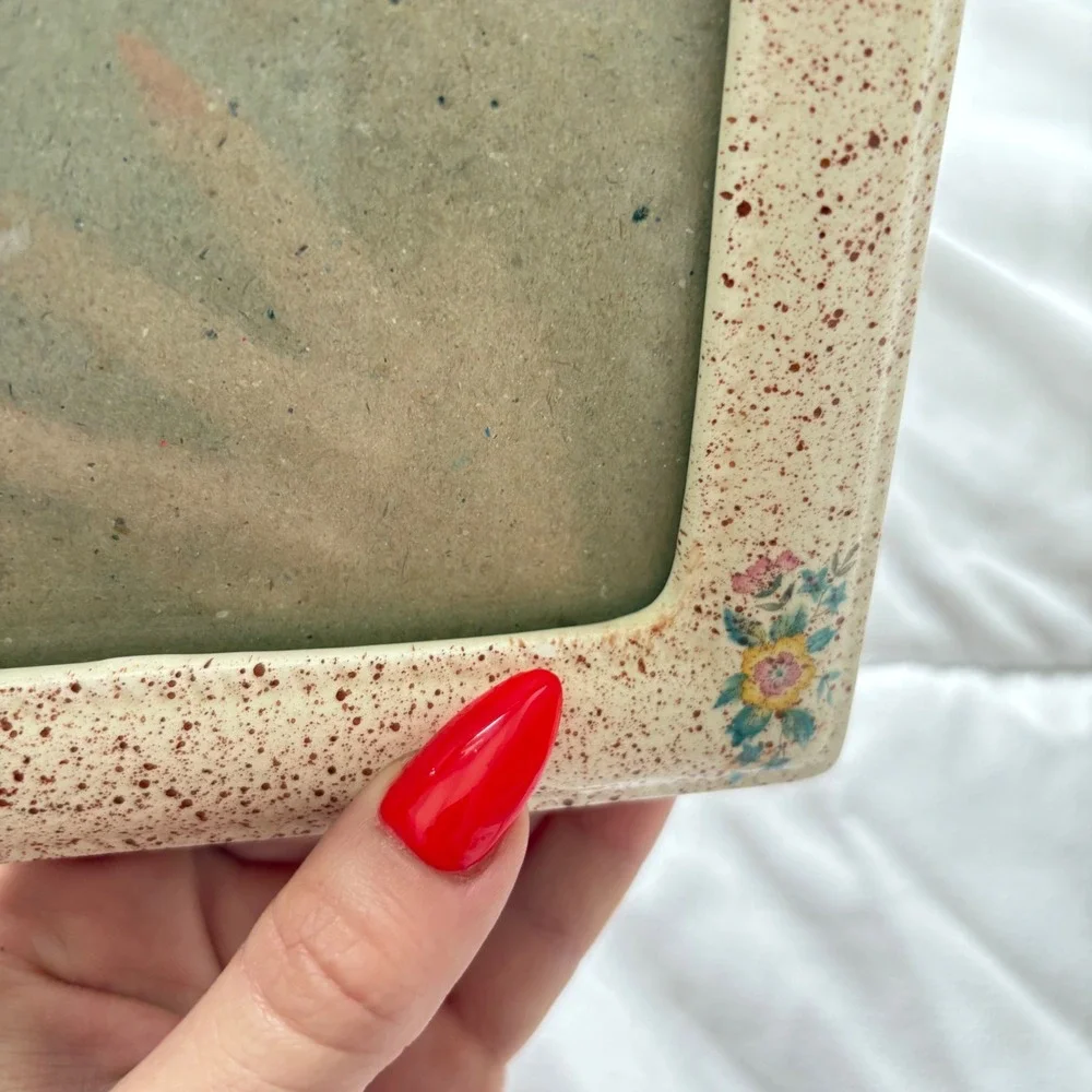 Vintage Ceramic Speckled Floral Square Picture Frame Cream Brown 5x5 Cottageore